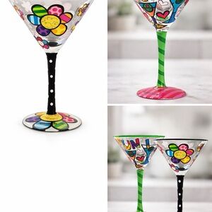 Romero Britto Hand-Painted Pop Art Martini glass set. New with stickers.